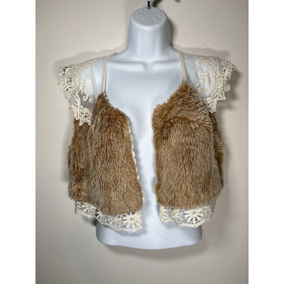 MYSTREE Faux Fur Lace Vest Shrug Brown Cream Boho Hippie Festival Size Small - Picture 1 of 6